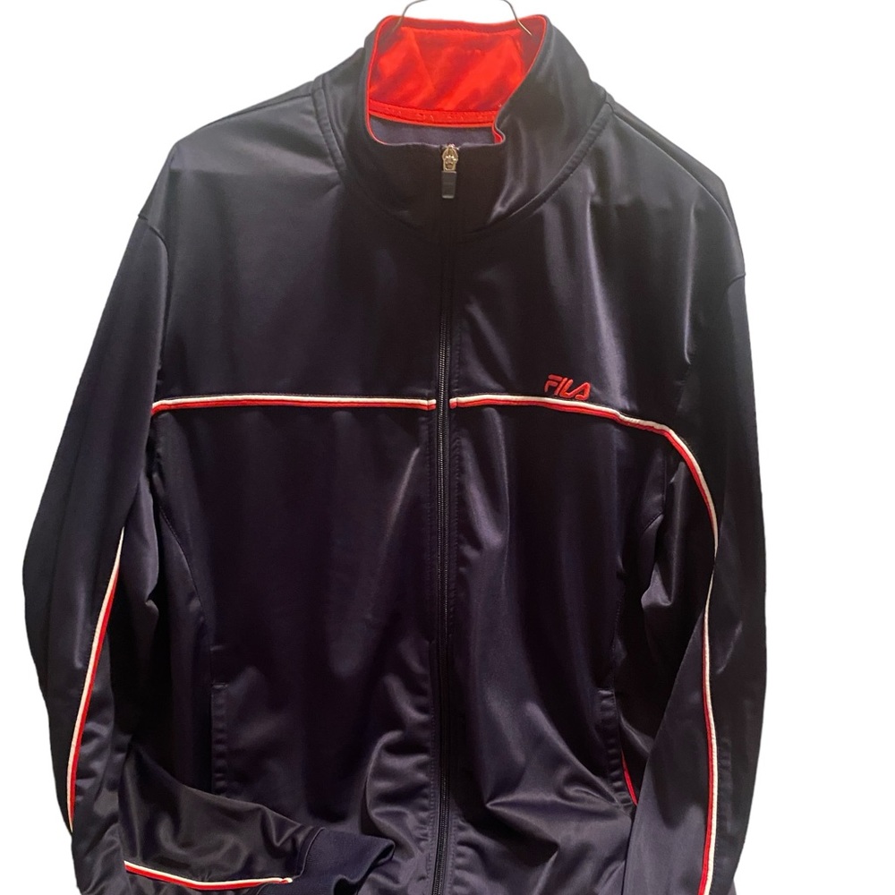 Fila Mens Full Zip Retro Satin Jacket Size XL Navy White Red Stripes Athletic